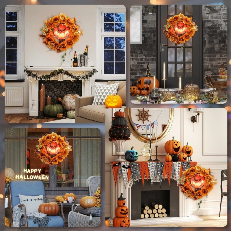 Ghirlanda Halloween da appendere con zucca, 44 LED arancione, 44 × 9 × 44 cm per porta e finestra