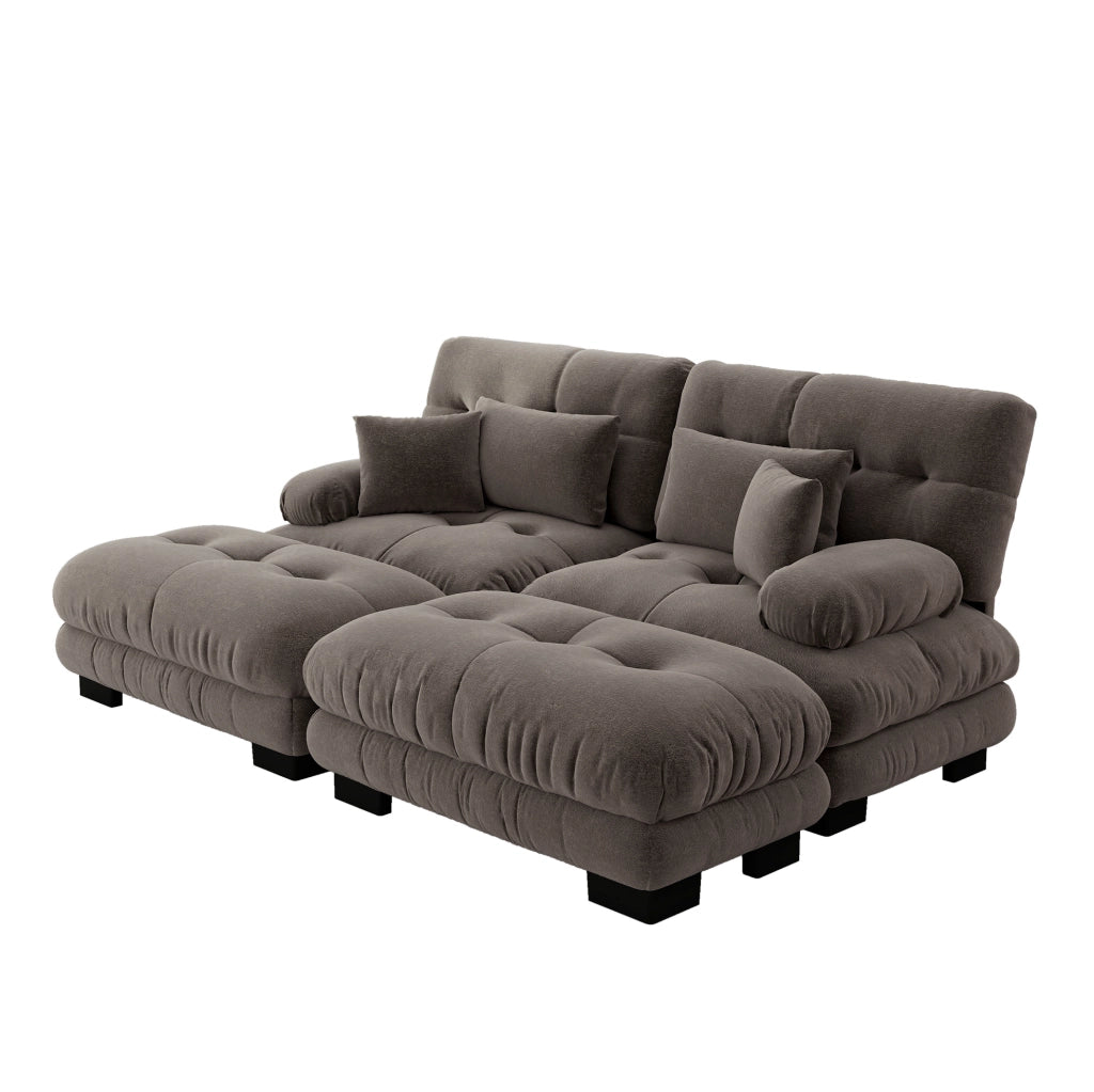 Divano angolare Cloud in chenille vintage marrone con braccioli imbottiti e 2 pouf