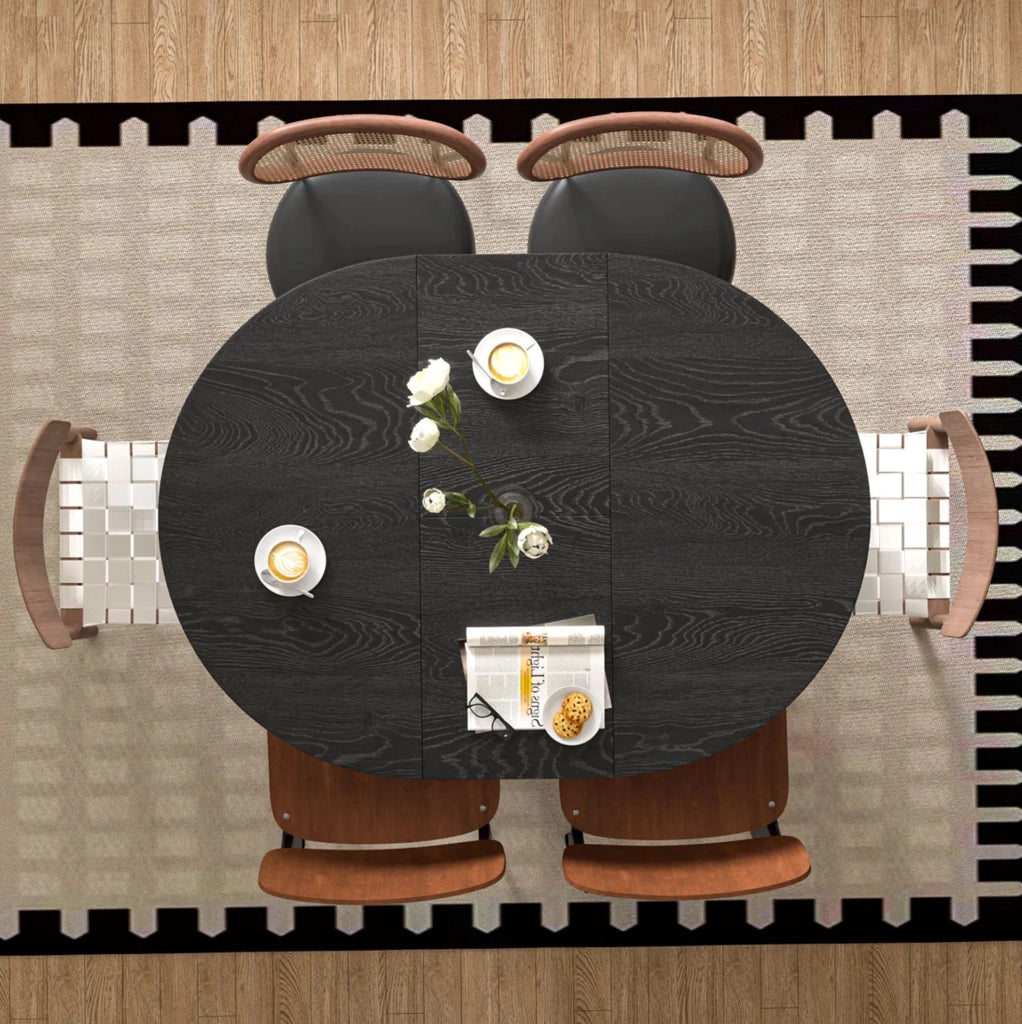 Tavolo da pranzo rotondo allungabile in MDF 110/150x110 cm con contenitore, nero effetto legno