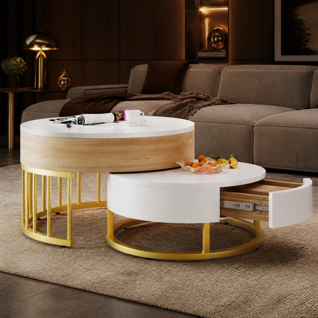 Set di tavolini da caffè rotondi MDF bianco e oro
