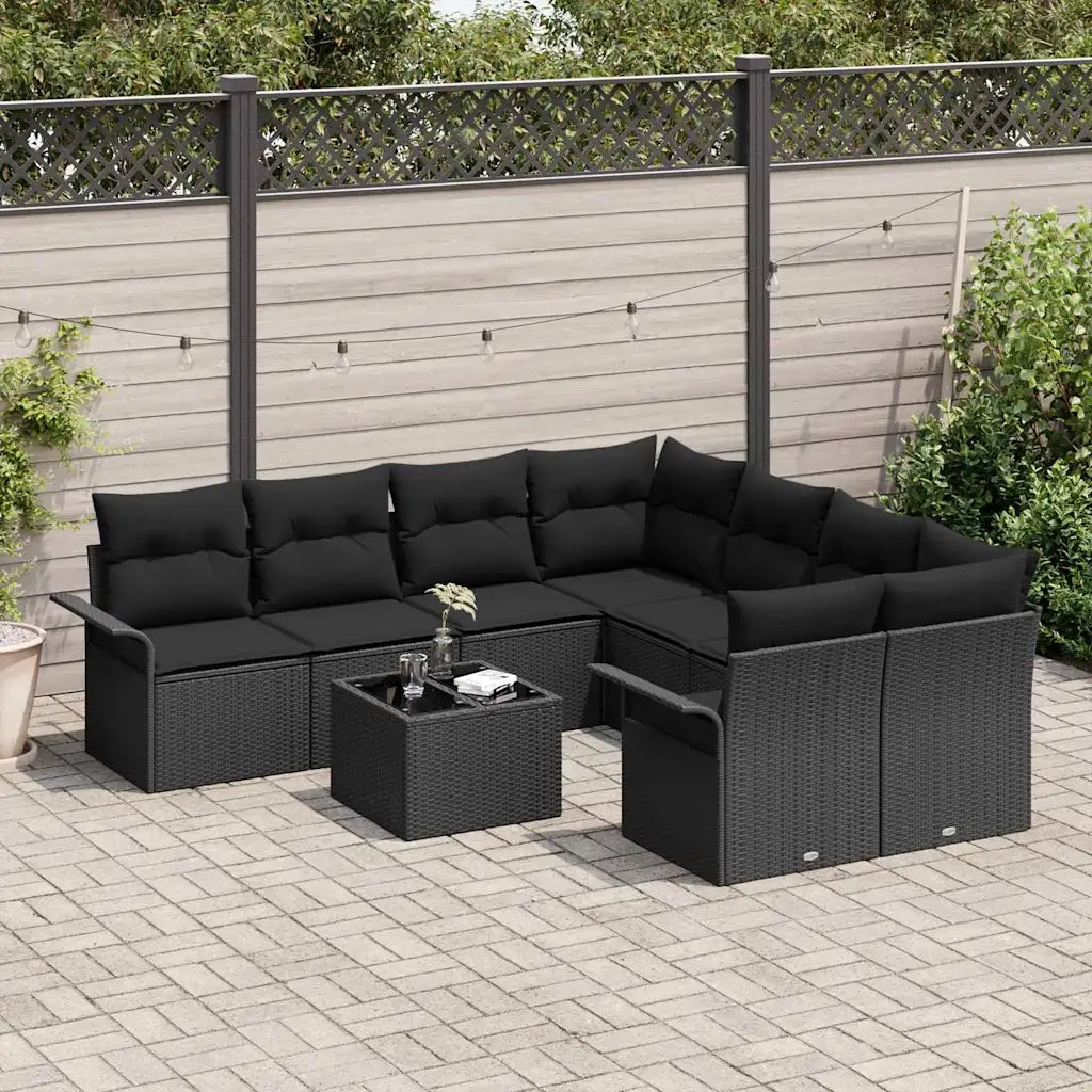 Set Divano da Giardino con cuscino 9 pcs Nero polyrattan
