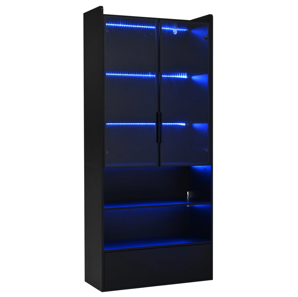 Vetrina Alta 80x34x180 cm con Vetro, 1 Cassetto e Illuminazione LED Controllabile via App, Nero