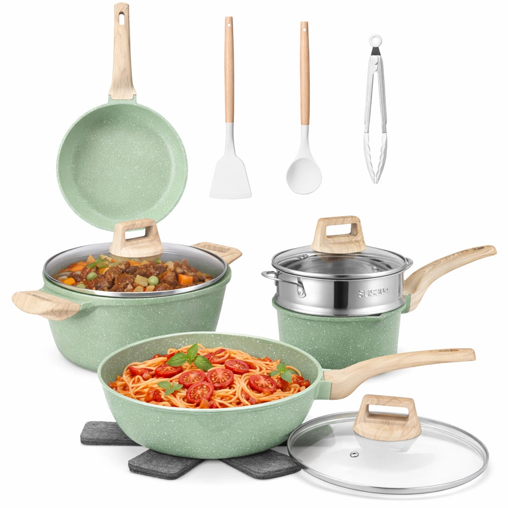 Batteria Pentole 15 Pezzi con Accessori e Coperchi in Alluminio Pressofuso Verde