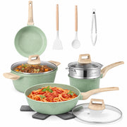 Batteria Pentole 15 Pezzi con Accessori e Coperchi in Alluminio Pressofuso Verde