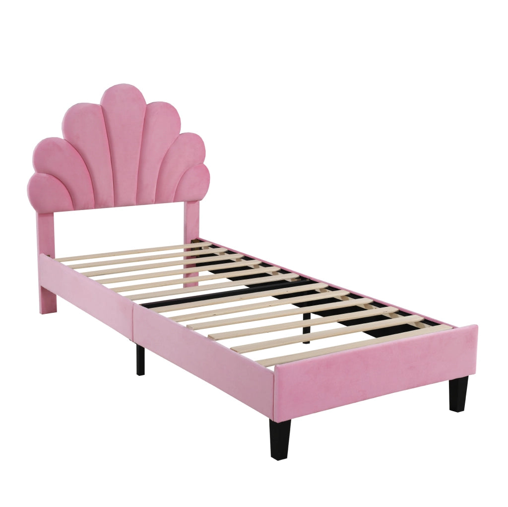 Letto imbottito rosa 90 x 200 cm con testiera a fiore e rete a doghe