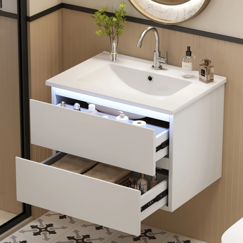Desviae Mobile sottolavabo sospeso con lavabo in ceramica LED con sensore radar 2 cassetti MDF bianco 61 × 46 × 45 cm