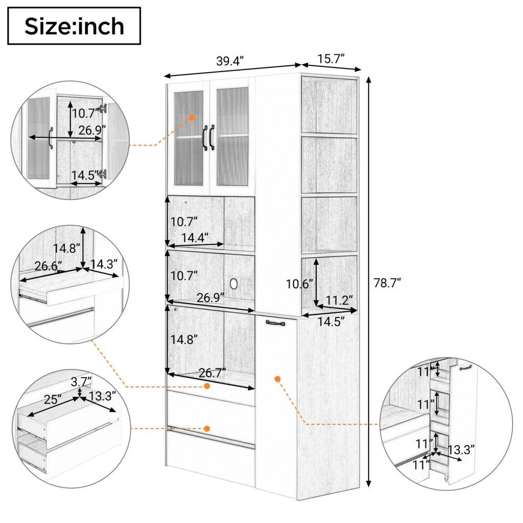 Highboard in MDF Weiß und Nussbaum mit verstellbaren Regalböden, Schubladen und Riffelglas, 100x40x200 cm, ideal für Esszimmer und Küche