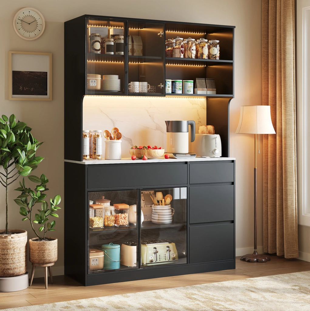 Mobile alto in MDF bianco e nero con LED e finitura marmo