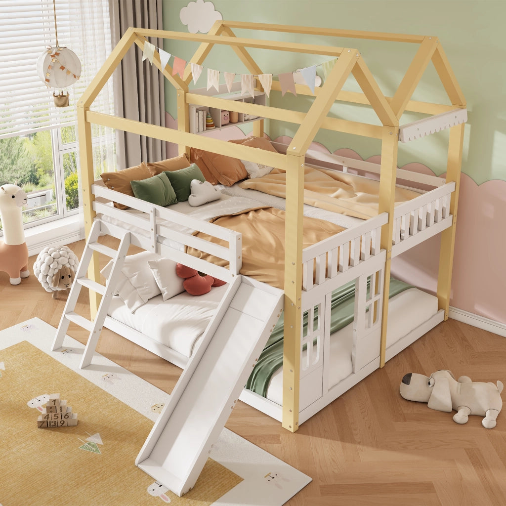 Letto a soppalco per bambini 90 × 200 cm con scivolo e scala reversibili in legno bianco e naturale