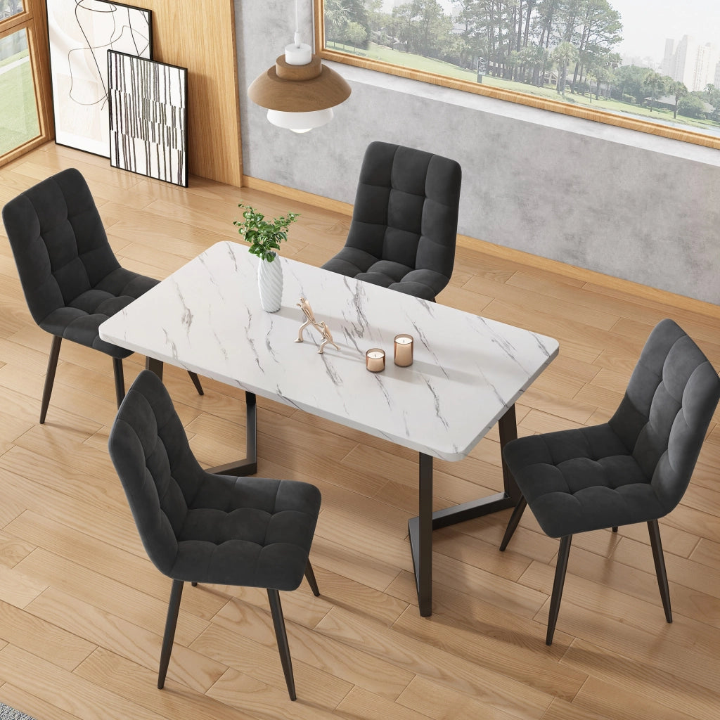 Set tavolo da pranzo rettangolare 117x68x75 cm con 4 sedie in velluto grigio e gambe nere