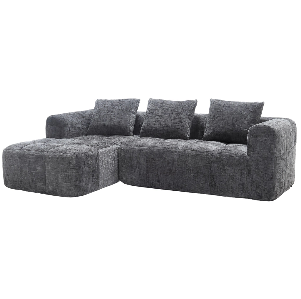 Divano angolare moderno 3 posti in chenille grigio con chaise longue, cuscini e tasca laterale