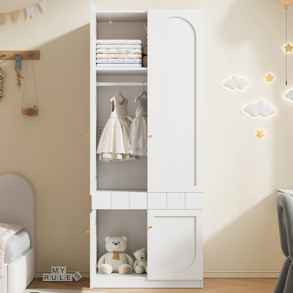 Armadio guardaroba a 2 ante con cassetti a pressione e ripiani fissi, per camera da letto, in MDF bianco, 80 × 50 × 200 cm