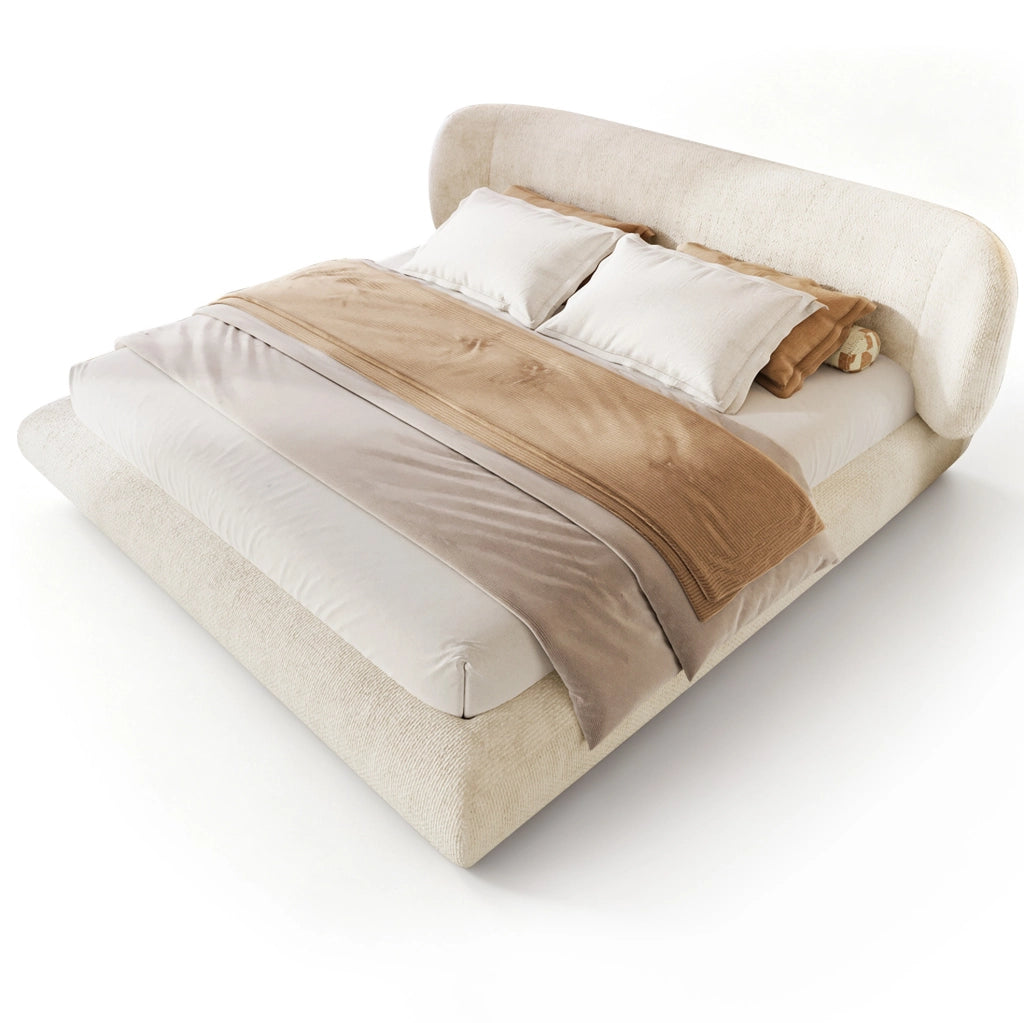 Letto matrimoniale 180x200 cm in ciniglia beige con testiera; rete a doghe e imbottitura in schiuma