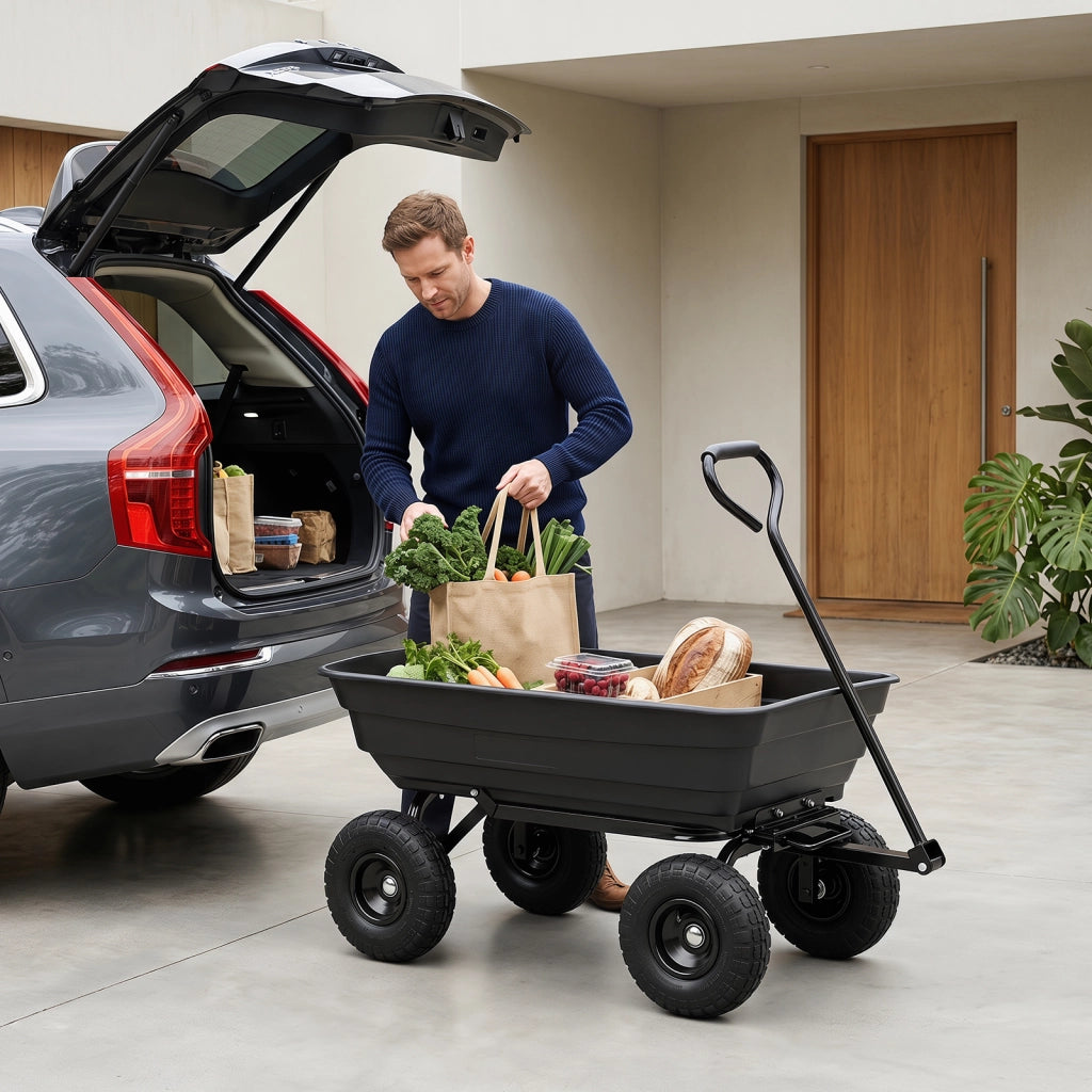 Carriola da giardino con 4 ruote pneumatiche manico regolabile e impugnatura morbida, 75 L Carrello ribaltabile portata 300 kg