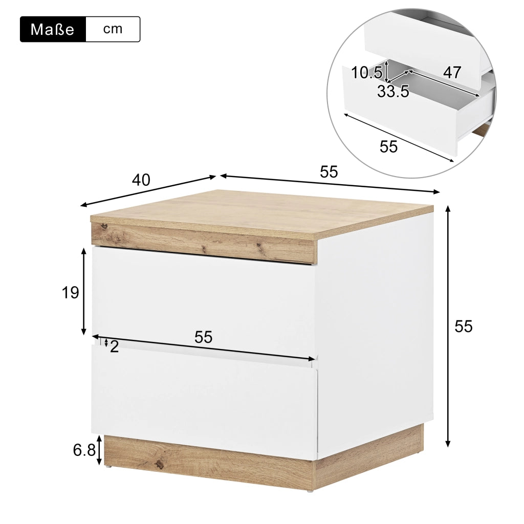 COMODINO classico con 2 cassetti bianco e rovere