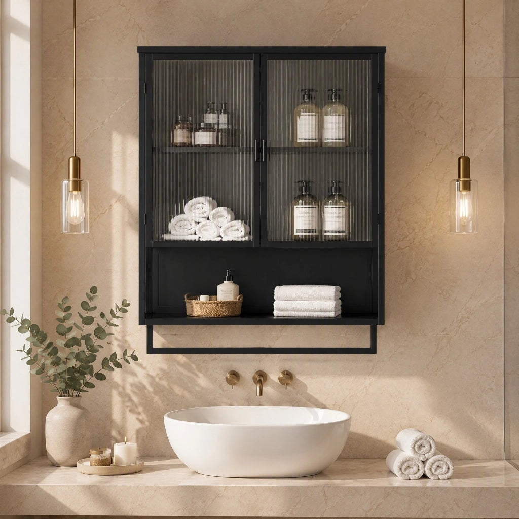 Mobiletto pensile 60x23x78 cm con 2 ante in vetro scanalato; ripiano e porta asciugamani nero HOMVRA
