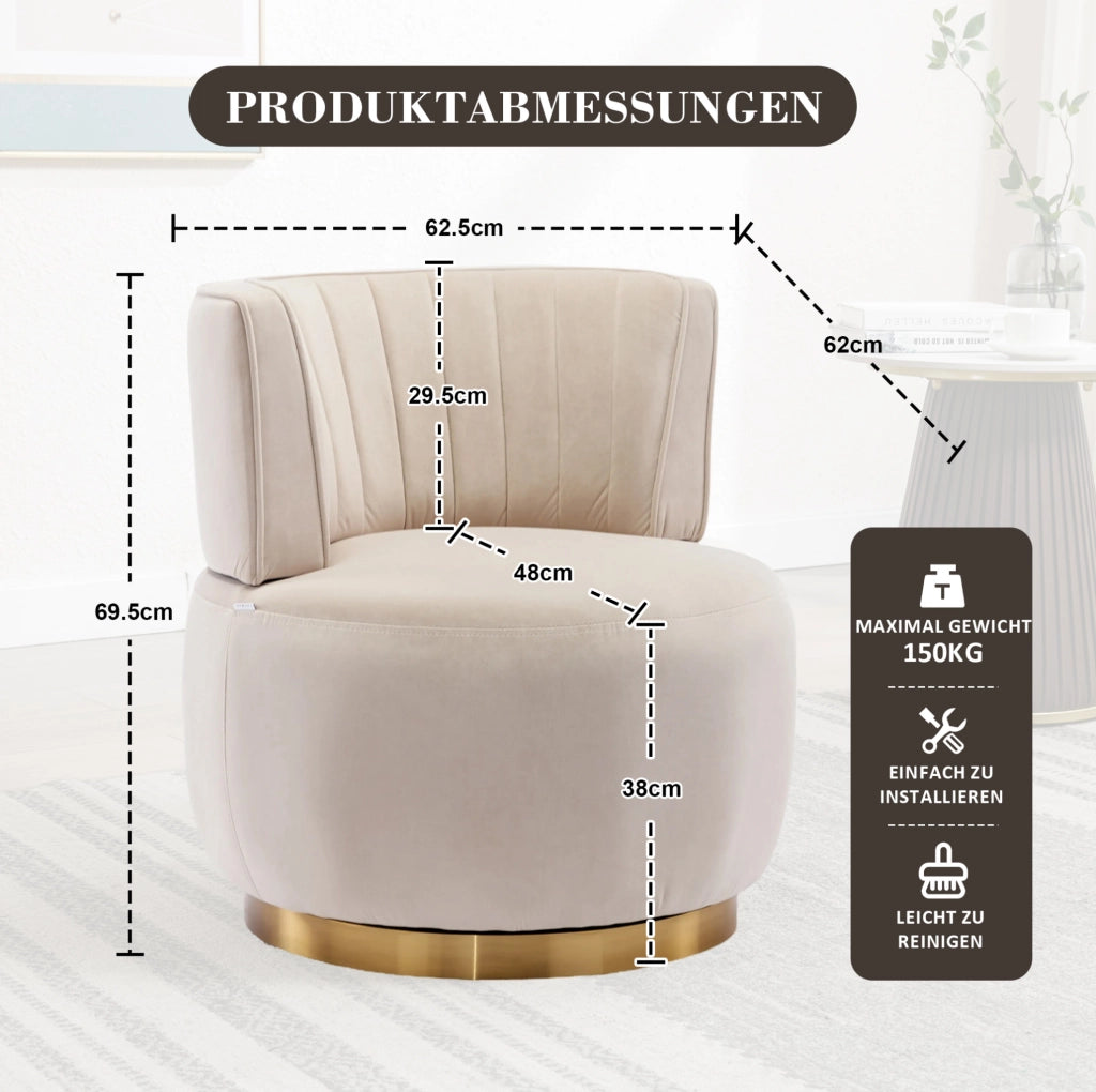 Sedia girevole moderna in velluto beige con struttura in legno e metallo, 62,5x62x69,5 cm, per soggiorno e camera da letto
