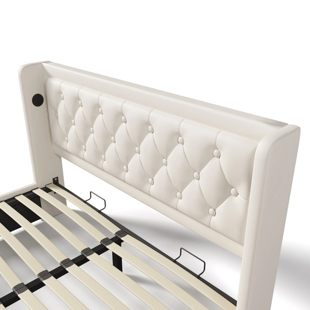 Letto Contenitore Imbottito Matrimoniale LED con USB ¨C MINIMAL ¨C Bianco, 140x200, Idraulico