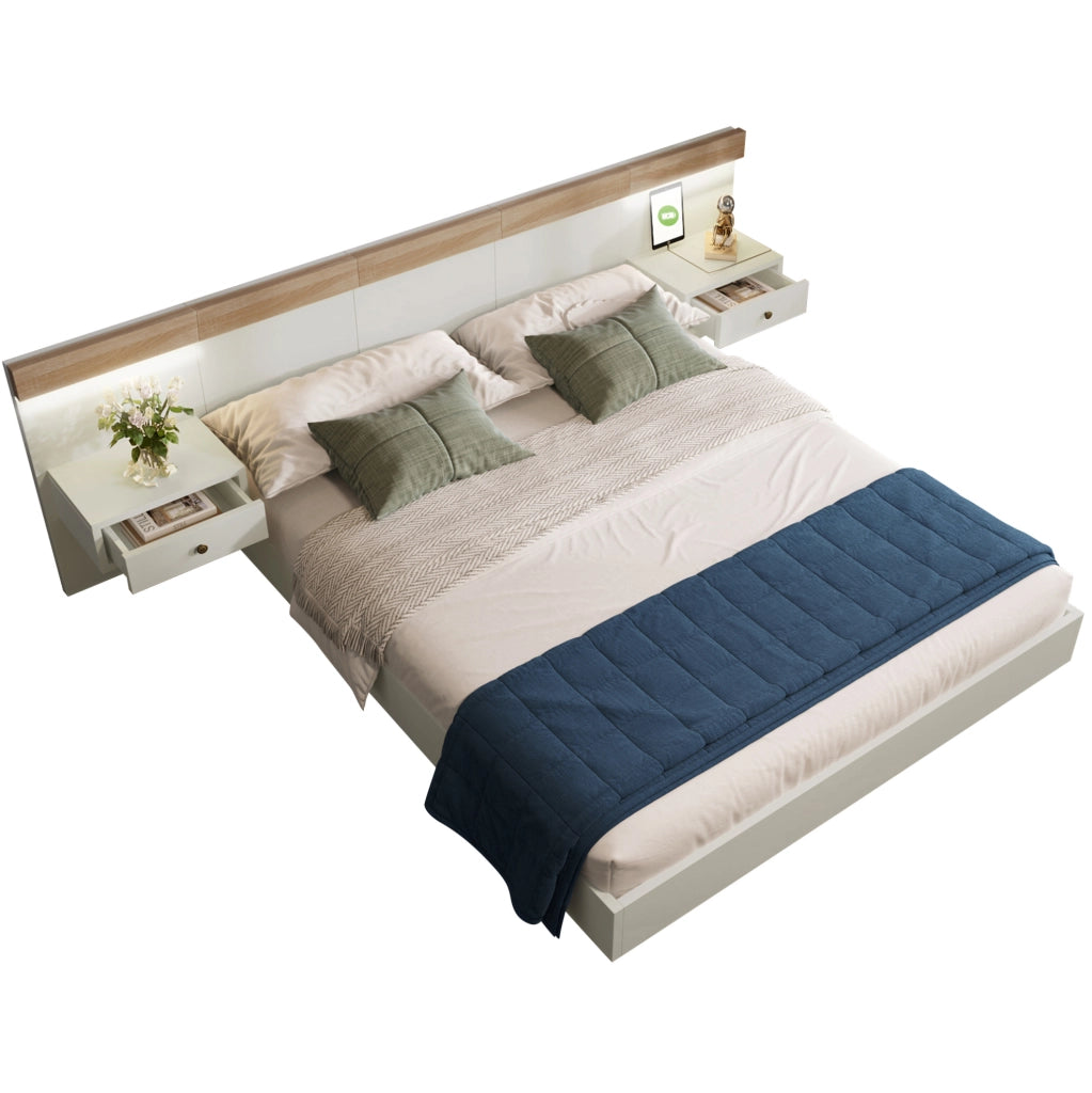 Letto matrimoniale 140 x 200 cm con 2 comodini LED e prese USB/USB-C