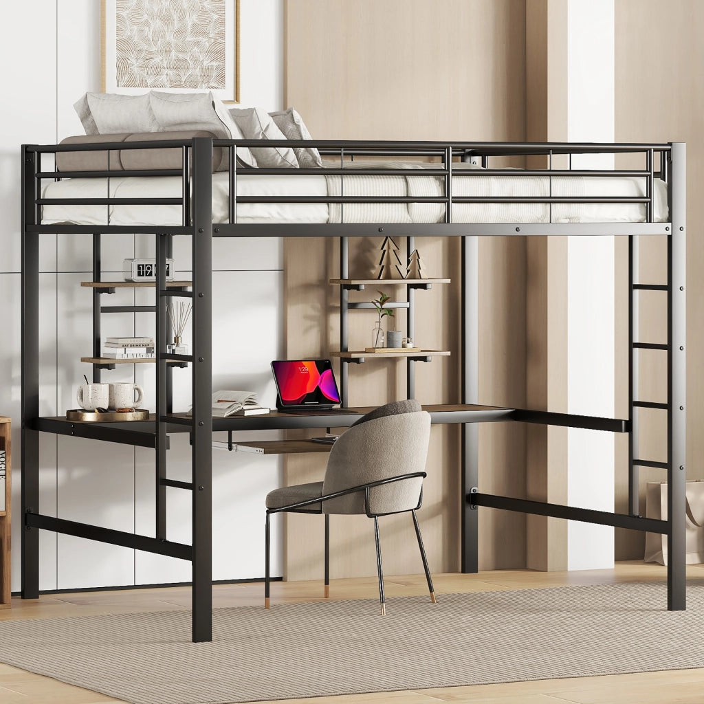 Letto a soppalco 140 × 200 cm con scrivania e due librerie in metallo nero