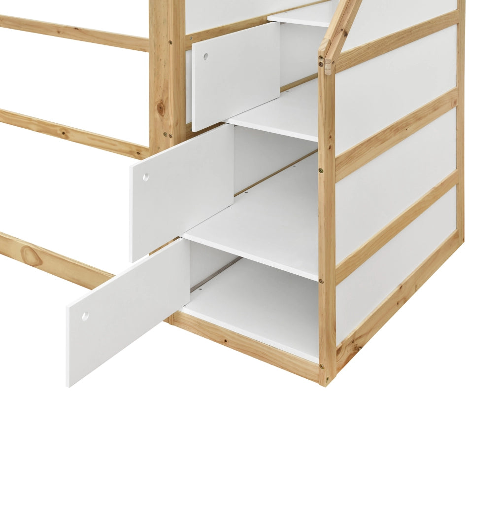 Letto a soppalco 90x200 cm con scala contenitore e spazio gioco, bianco naturale