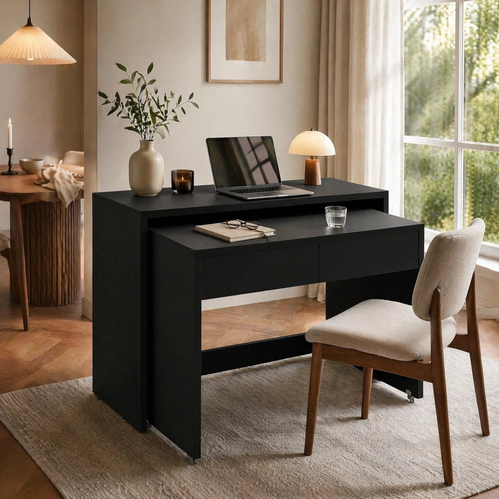 Scrivania pieghevole multifunzionale 2 in 1 con 2 cassetti e 4 ruote frenate, per camera, nero, 110 × 40 × 78 cm