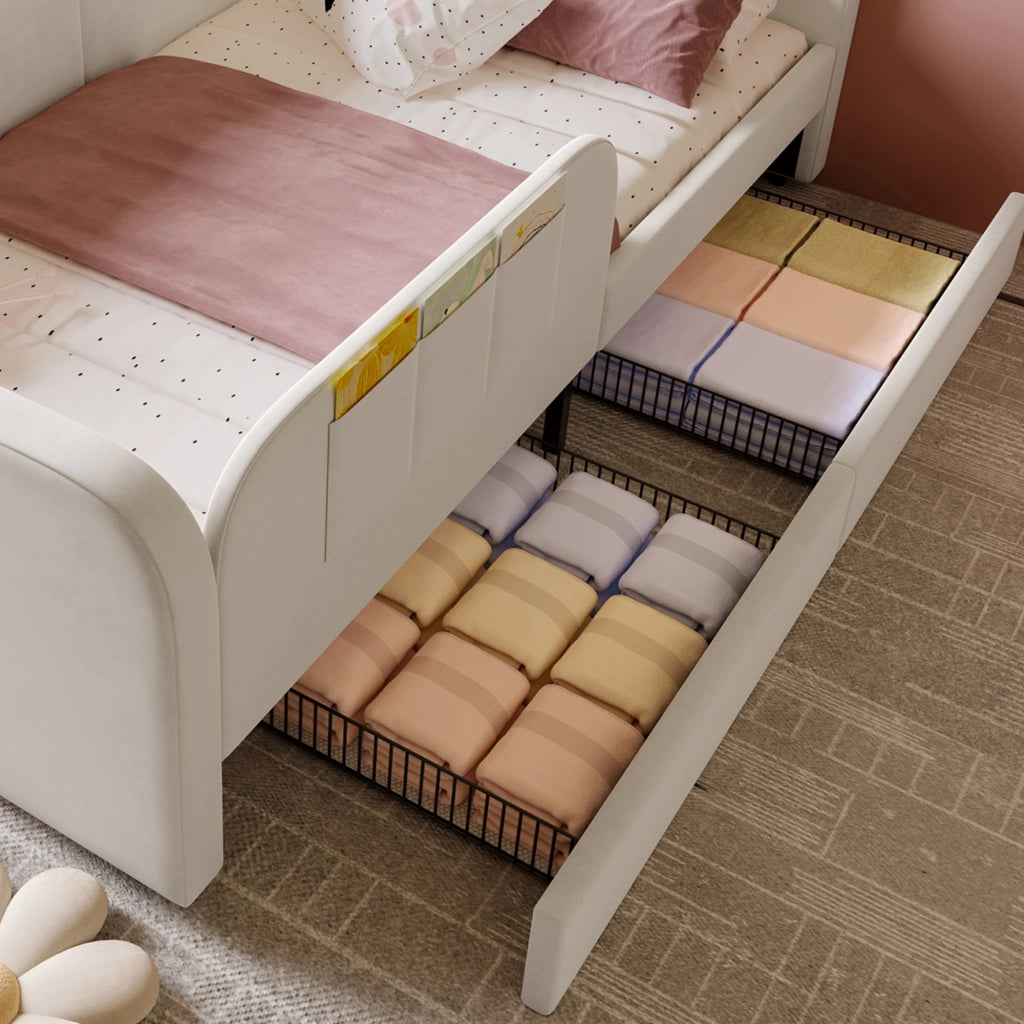Letto per bambini singolo 90 × 200 cm con 2 cassetti e 3 tasche laterali, senza materasso, in velluto bianco