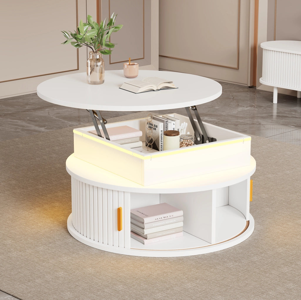 Tavolino rotondo elevabile Ø75 cm con LED e vano contenitore