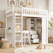 Letto a soppalco 90 × 200 cm con scrivania armadio 3 cassetti scala e barriera in legno di pino e MDF bianco