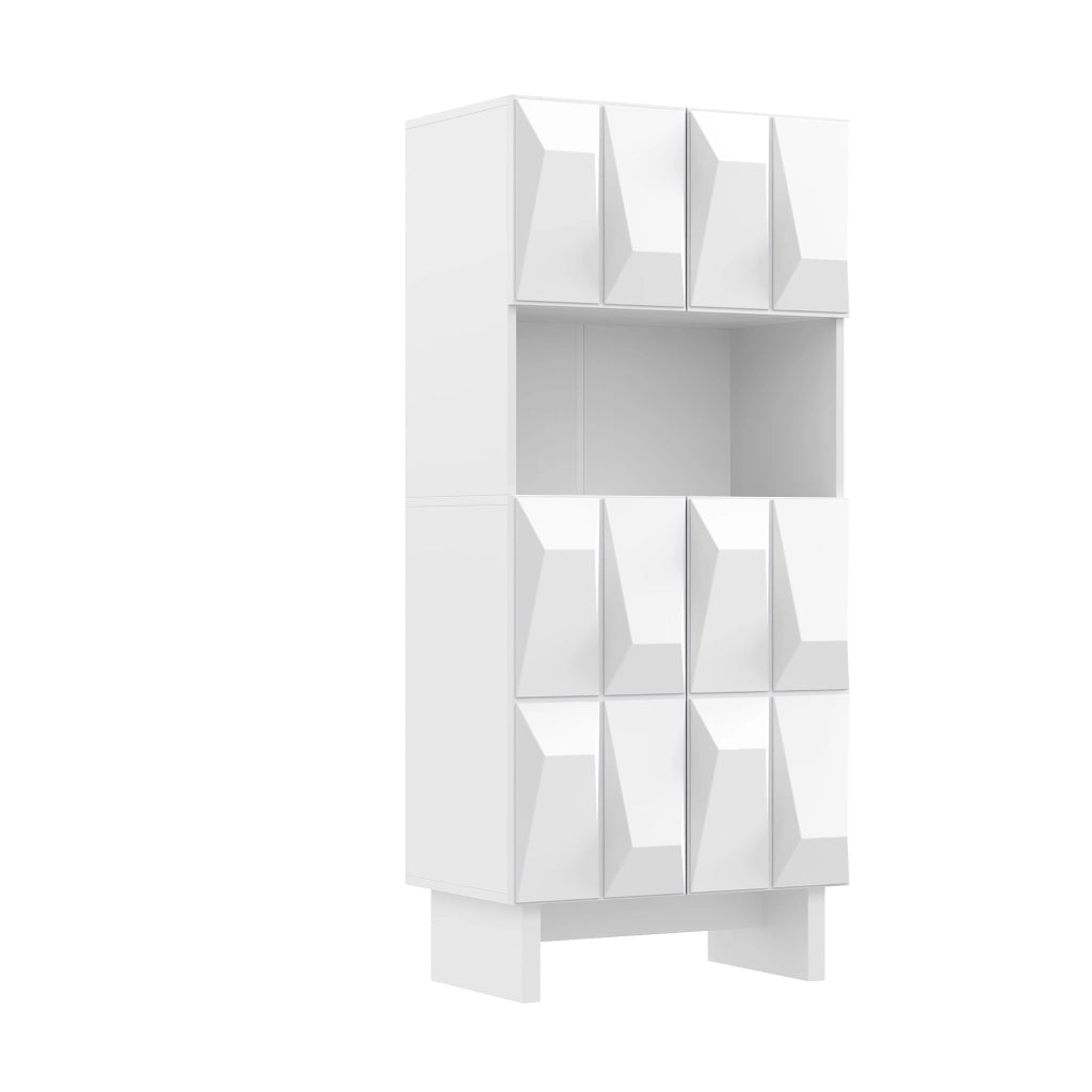 Vetrina con 4 ante a rilievo, vano aperto e ripiano regolabile, per casa, in truciolare bianco, 60,5 × 34 × 135,5 cm