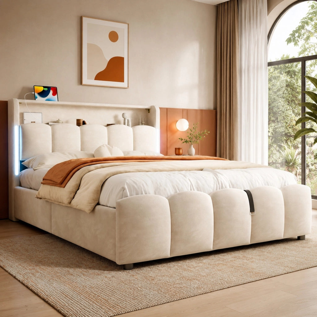 Letto imbottito 140 x 200 cm con contenitore idraulico; LED; USB e Type-C; velluto beige