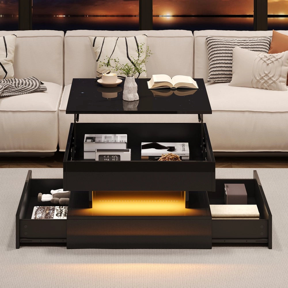 Tavolino da Salotto con LED e 2 Cassetti ¨C MINIMAL ¨C Nero Lucido 65x65x38.5