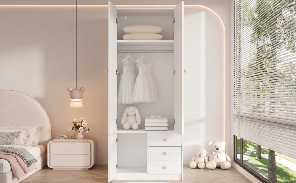 Armadio per cameretta con 2 ante 3 cassetti e appendiabiti in MDF bianco laccato con maniglie rosa 80 × 50 × 200 cm
