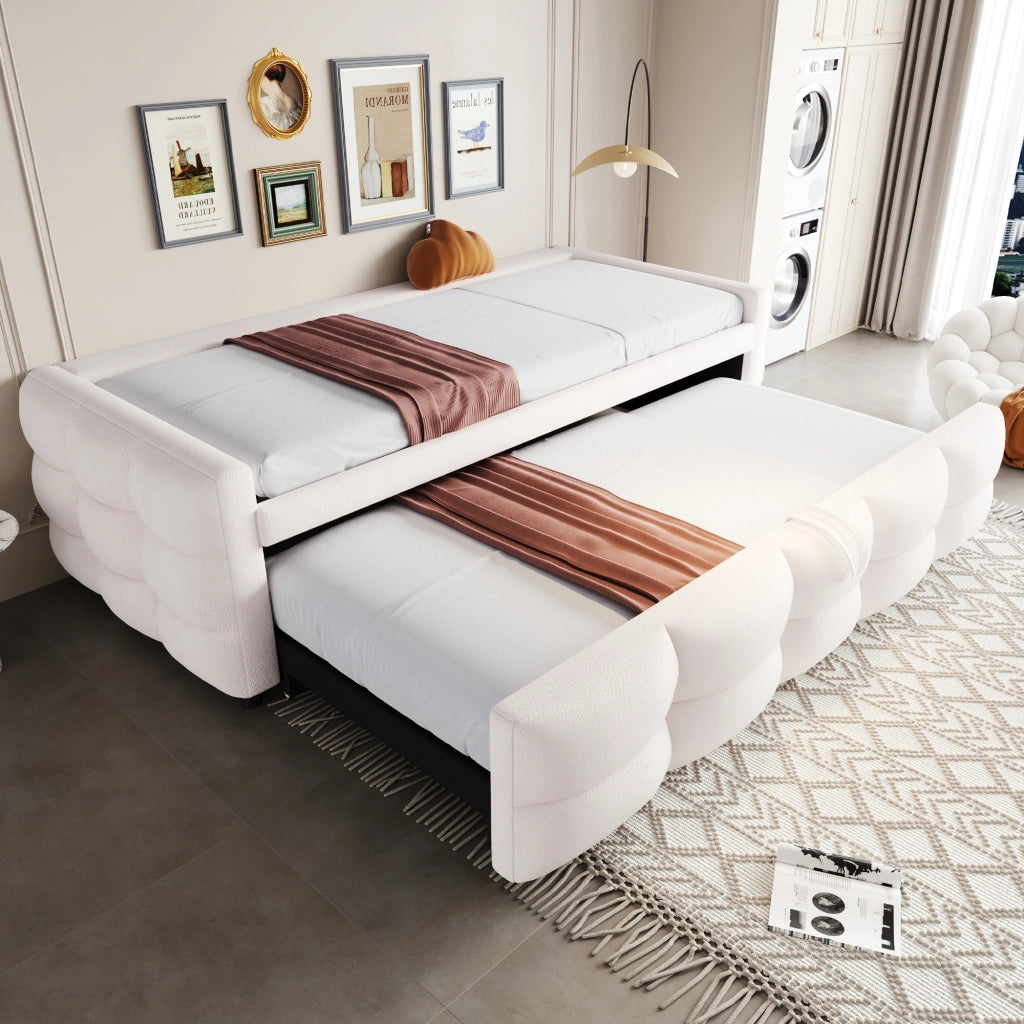 Letto estraibile 90×190 cm e 180×190 cm; 2 posti; imbottito; senza materasso; in tessuto morbido beige