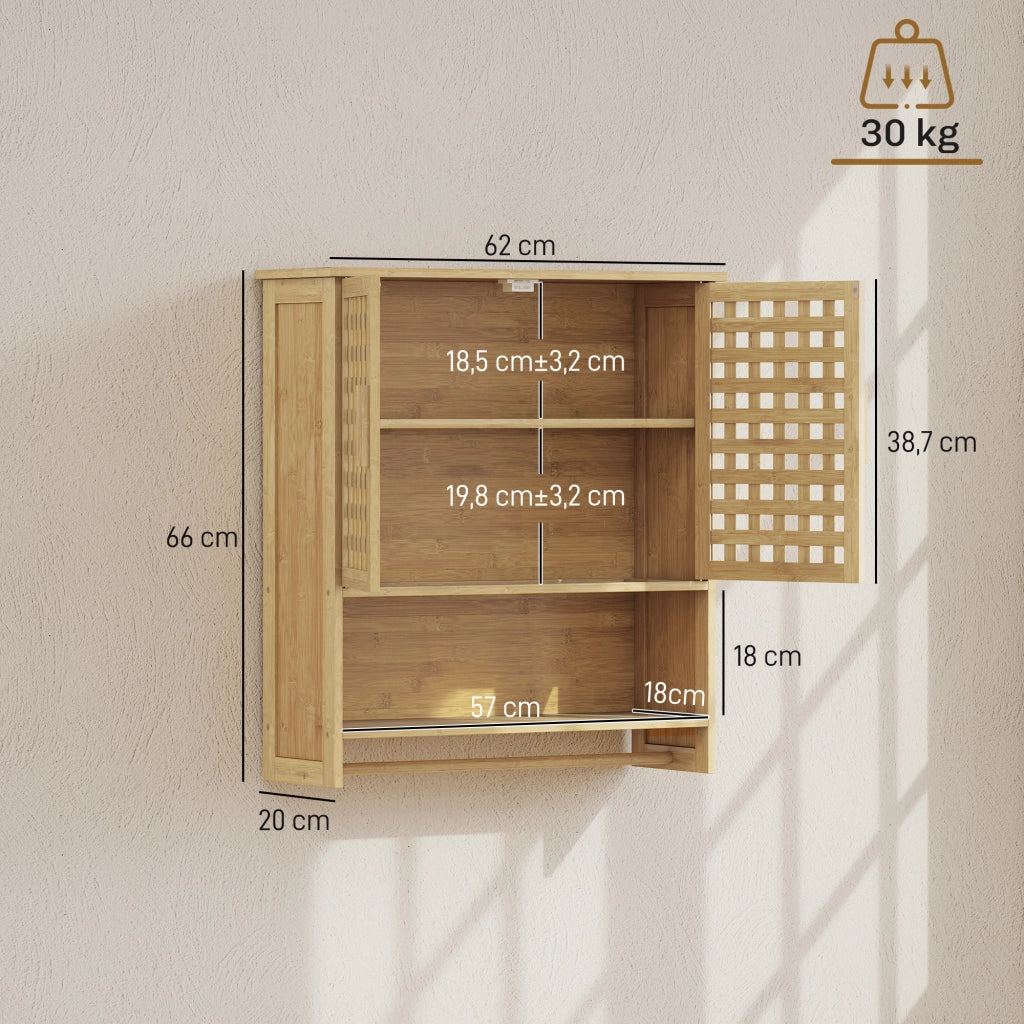 Armoire murale de salle de bain en bambou avec 2 portes ajourées, compartiment ouvert et étagère réglable, bois naturel
