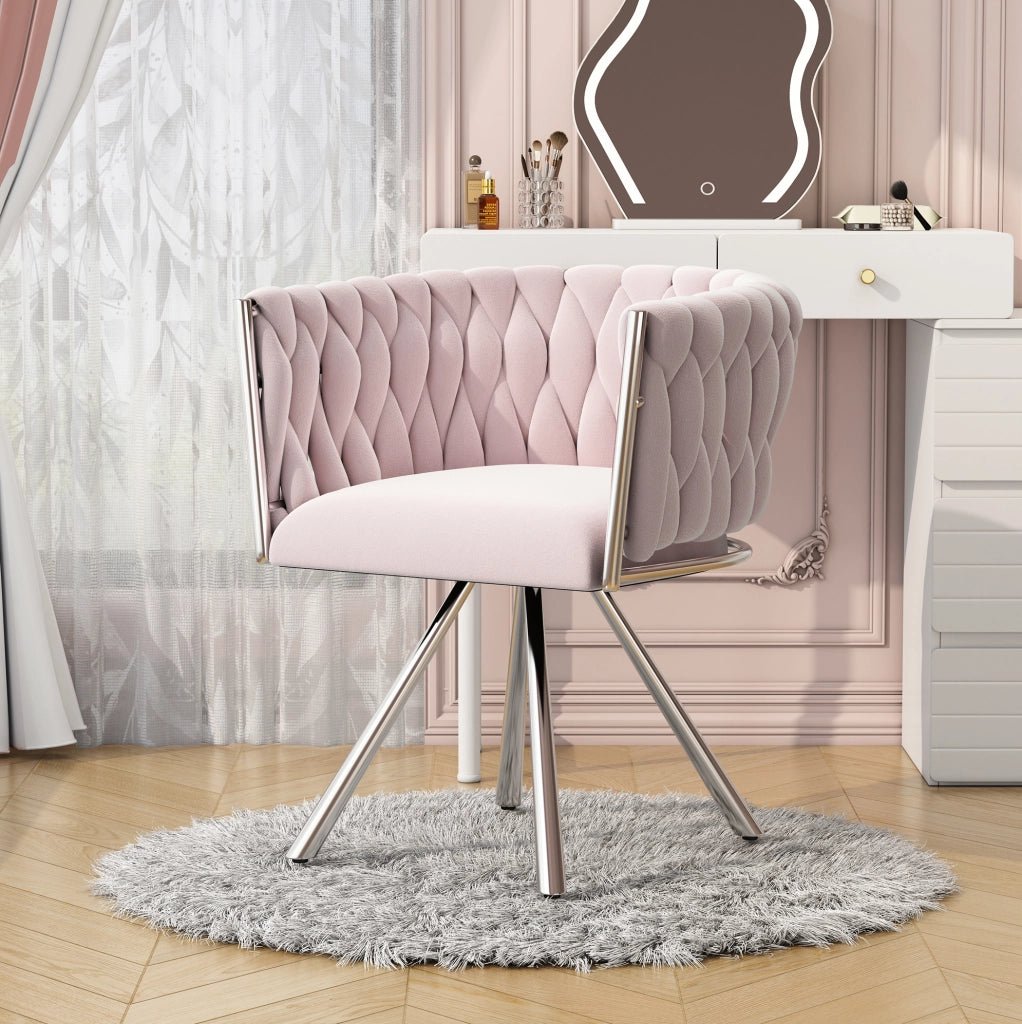 Sedia girevole da trucco a 360 gradi in velluto rosa con struttura in metallo