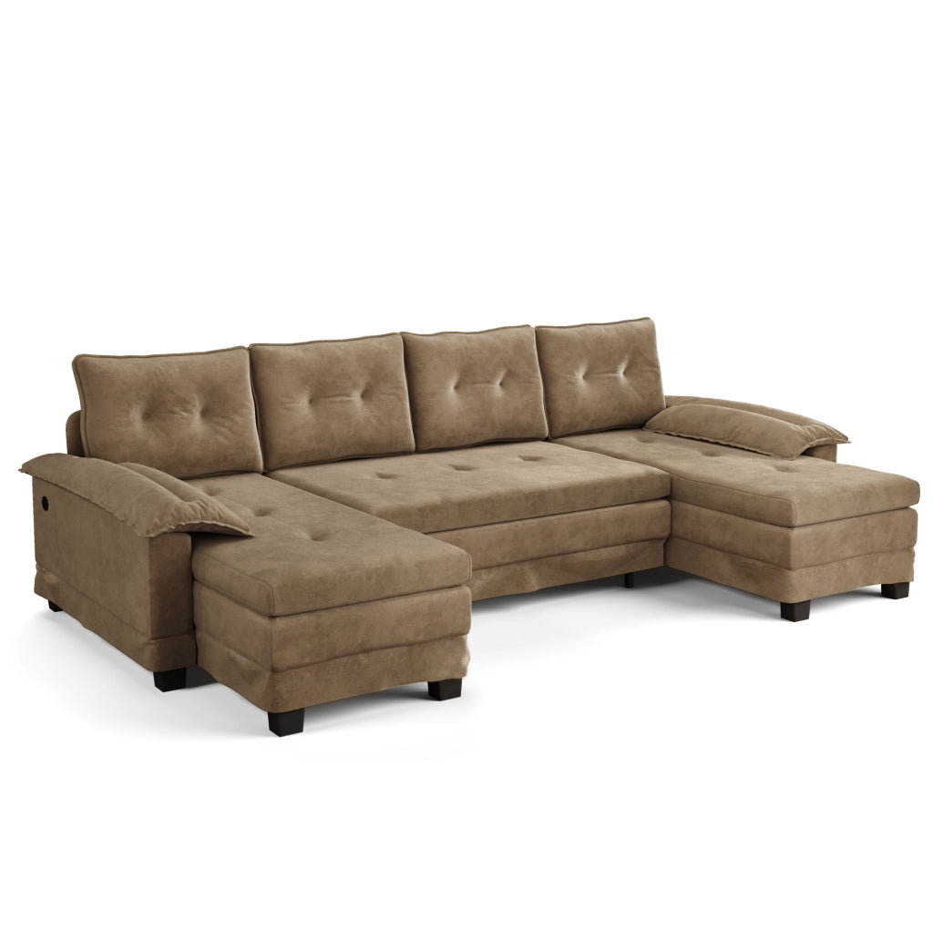 Divano letto modulare a U ULEVR 278x127 cm con letto estraibile, USB e cuscini bracciolo removibili, khaki