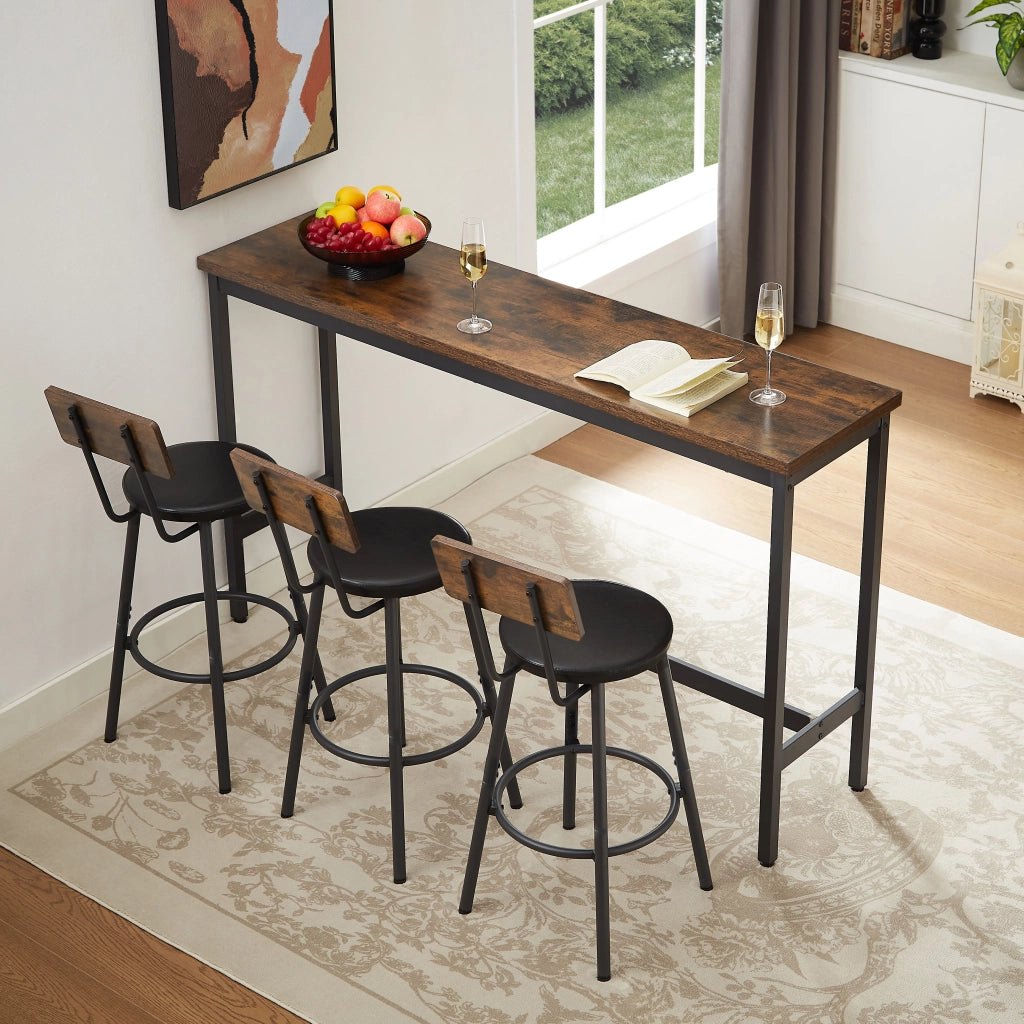 Set bar industriale con tavolo alto e 3 sgabelli imbottiti, colore rustico marrone e nero
