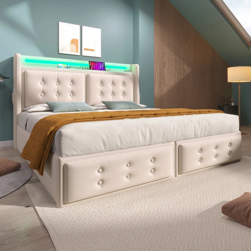Letto matrimoniale 180x200 cm con contenitore; LED e ricarica USB/Type-C beige HOMVRA