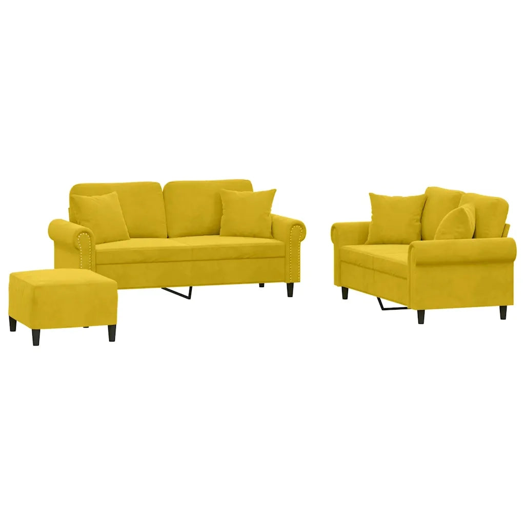 Set di Divani 3 pz con Cuscini Giallo in Velluto