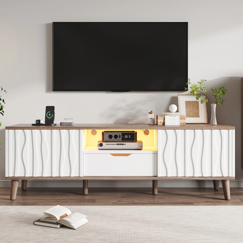 Mobile TV, illuminazione a LED, con cassetti, ante scorrevoli, adatto a televisori da 70 pollici, bianco