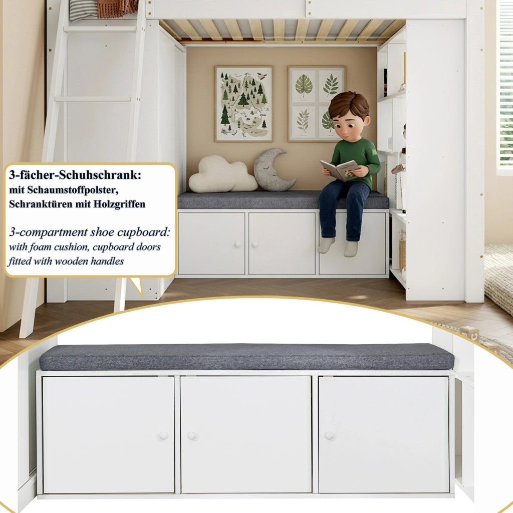 Letto a soppalco per bambini 90 × 200 cm con armadio scaffali panca contenitore in legno bianco e naturale