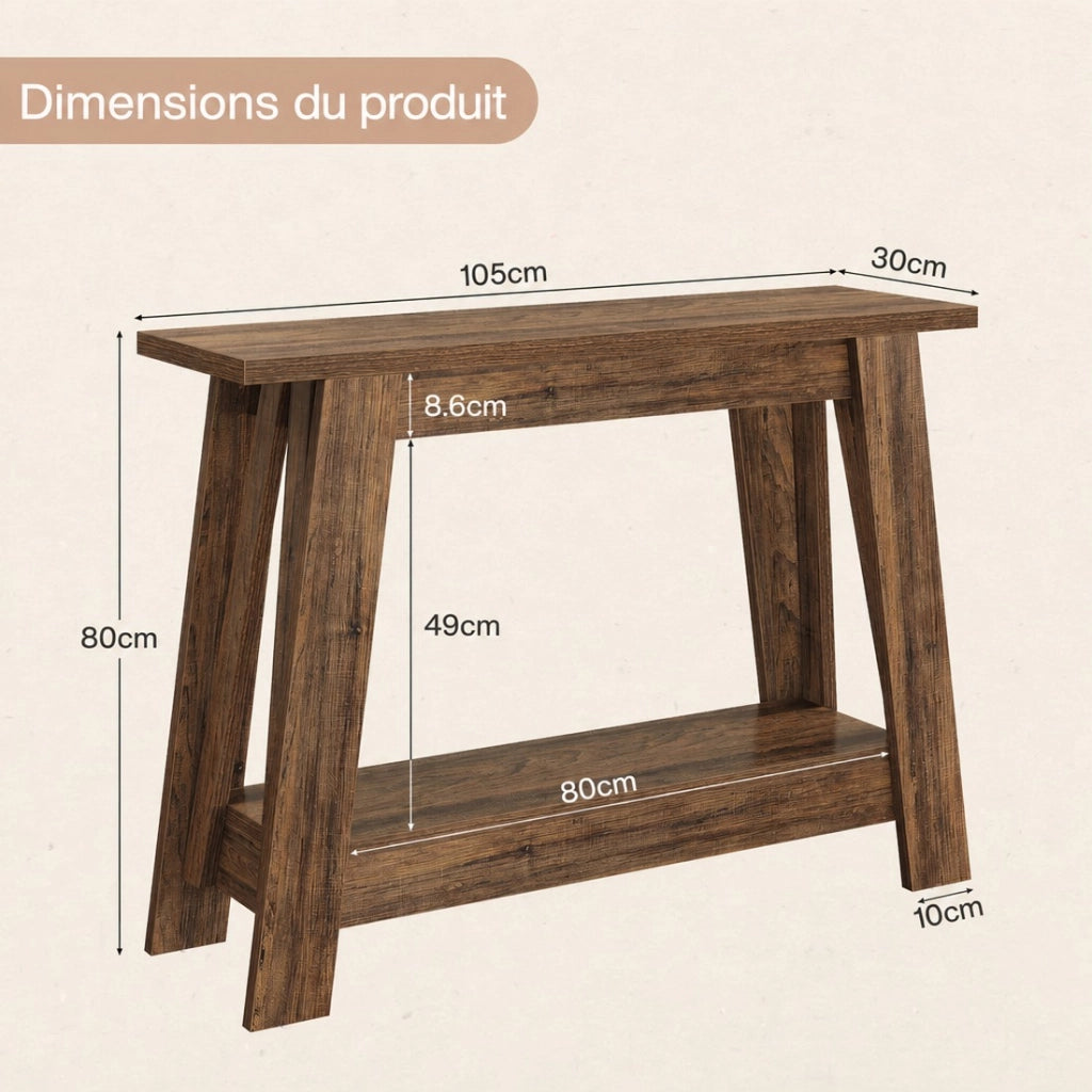 Consolle d'ingresso rustica 105 x 30 x 80 cm in MDF marrone, 2 ripiani