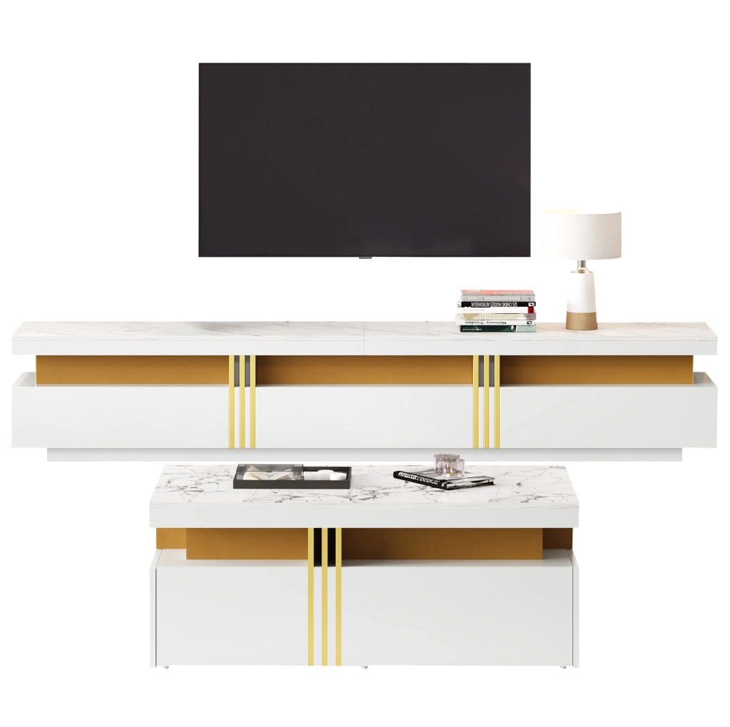 Set mobile TV e tavolino da caffè bianco; piano effetto marmo; 5 cassetti