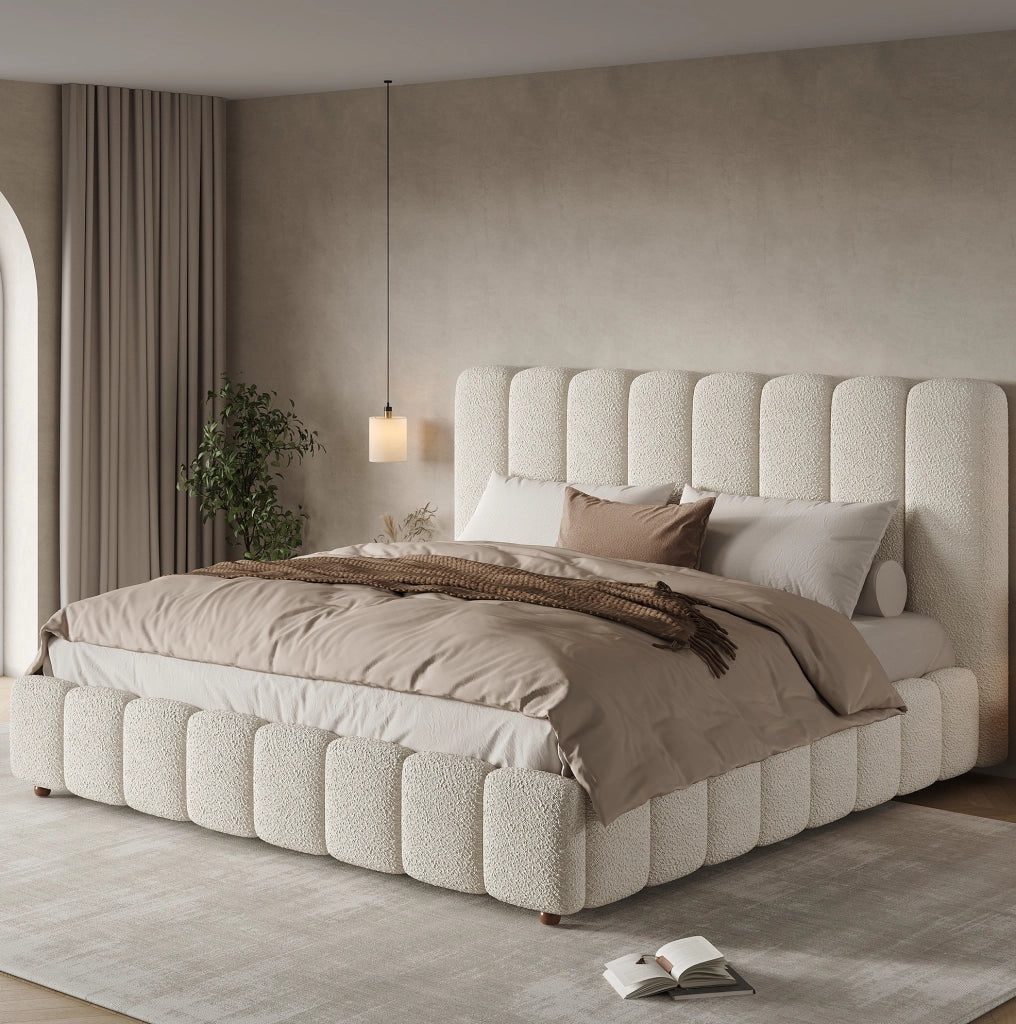 Letto 160x200 cm con contenitore idraulico, rete a doghe e rivestimento boucl¨¦ bianco