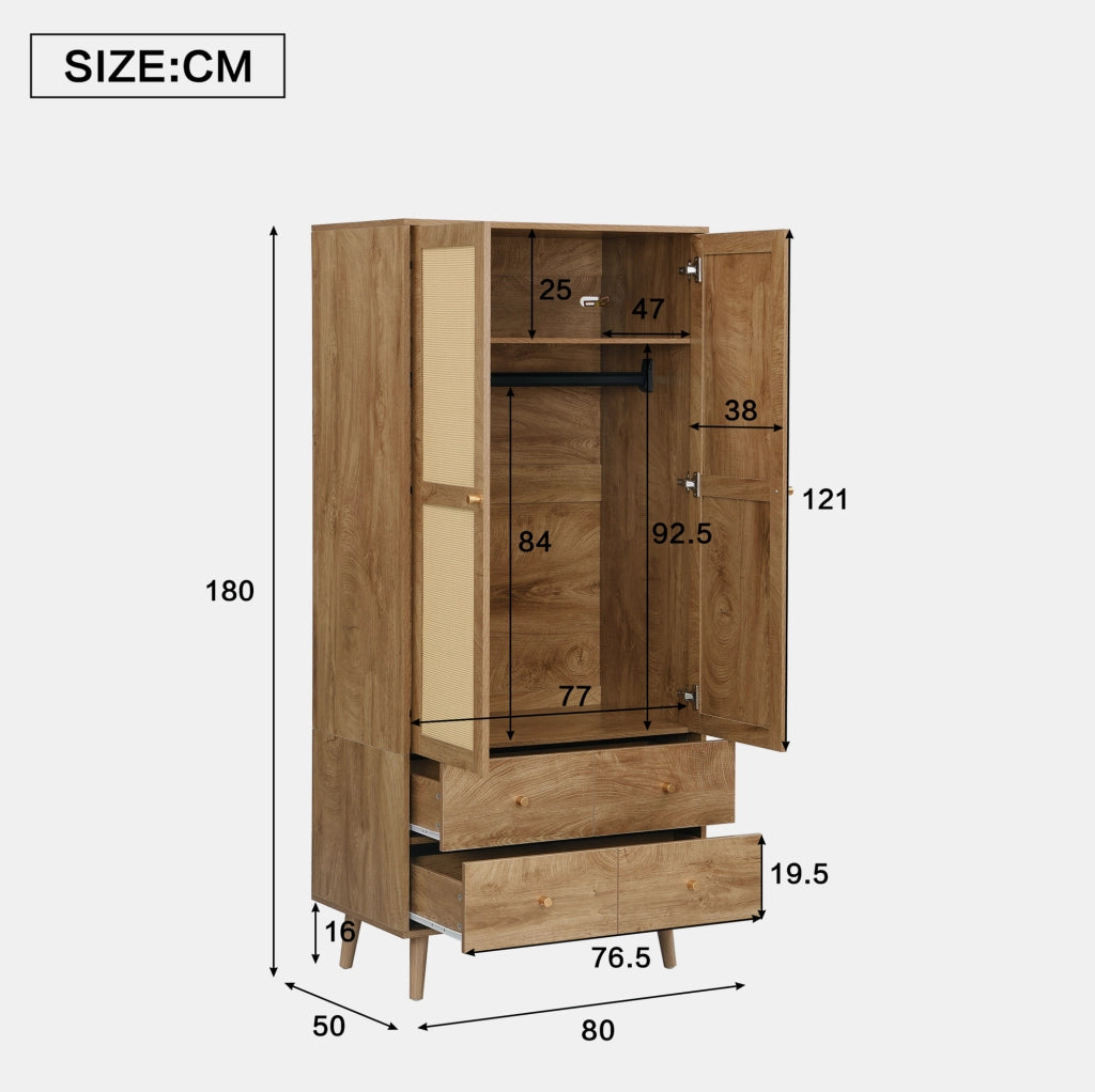 Armadio guardaroba in MDF con effetto legno scuro e ante in rattan, 80x50x180 cm, con appendiabiti, ripiani e 2 cassetti