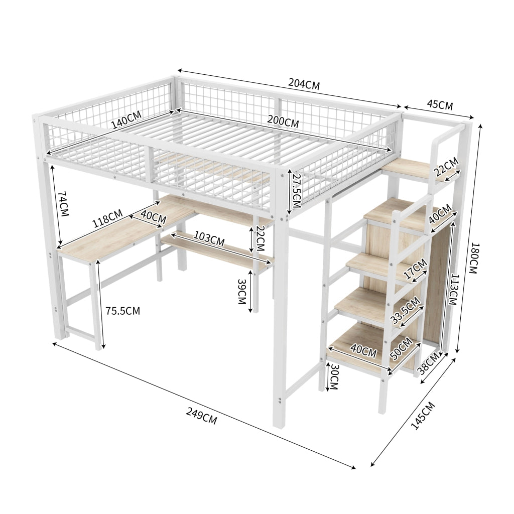 Letto a soppalco 140 × 200 cm con scrivania; ripiani e armadio integrato in metallo e MDF bianco