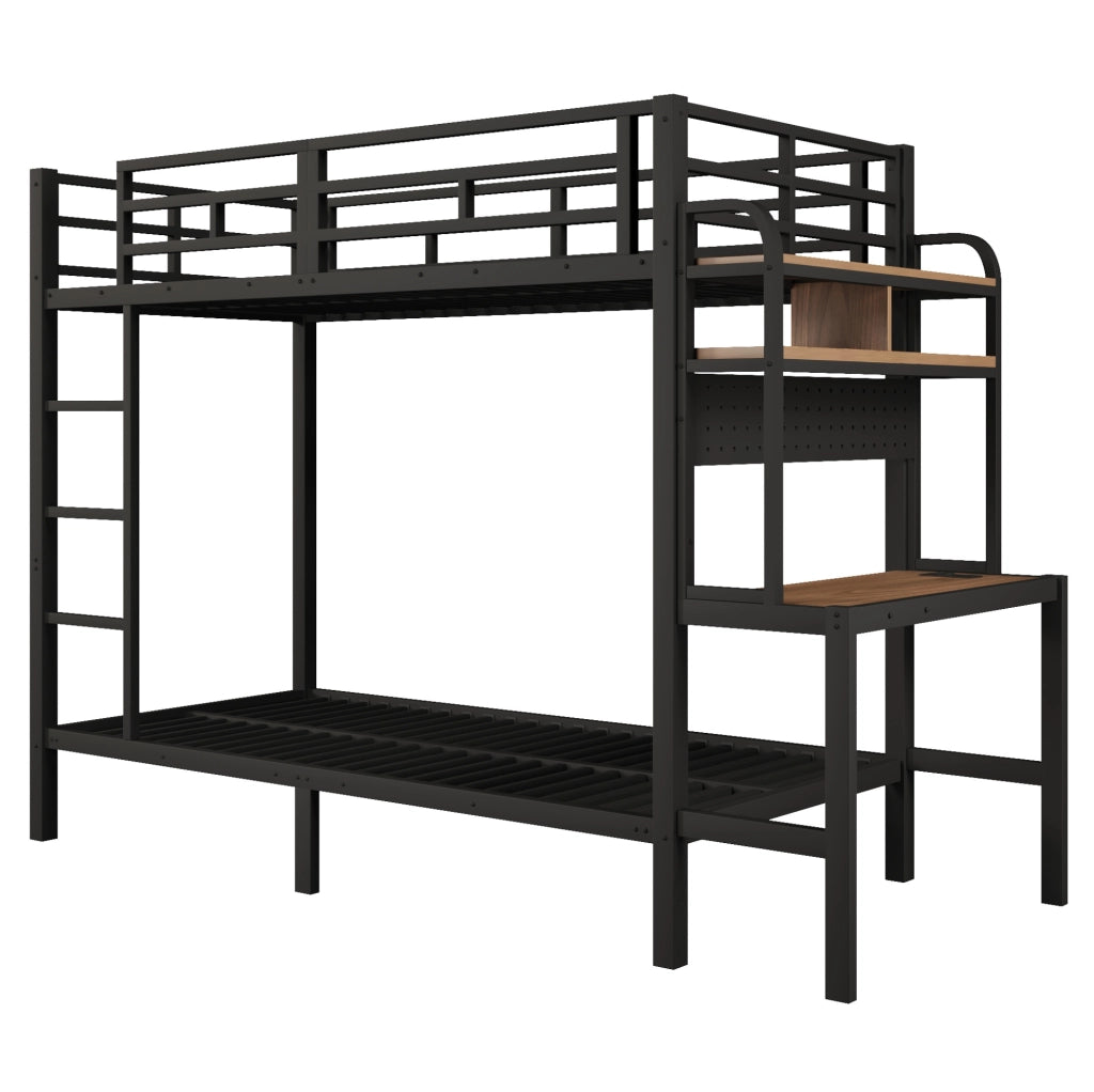 Letto a soppalco 90x200 cm con scrivania, LED e USB in metallo e MDF nero