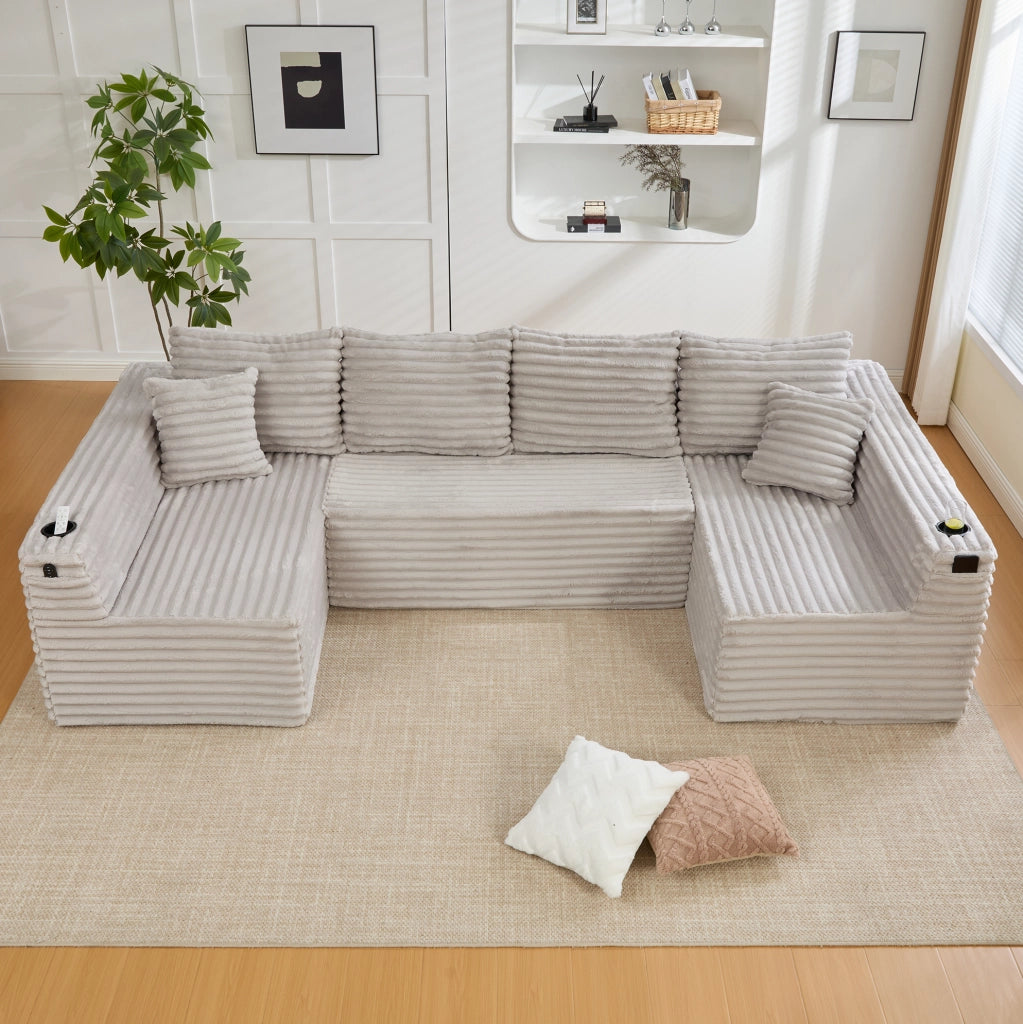 Divano modulare a U in corduroy grigio chiaro 320x155x88 cm; con portabicchieri e tasca laterale