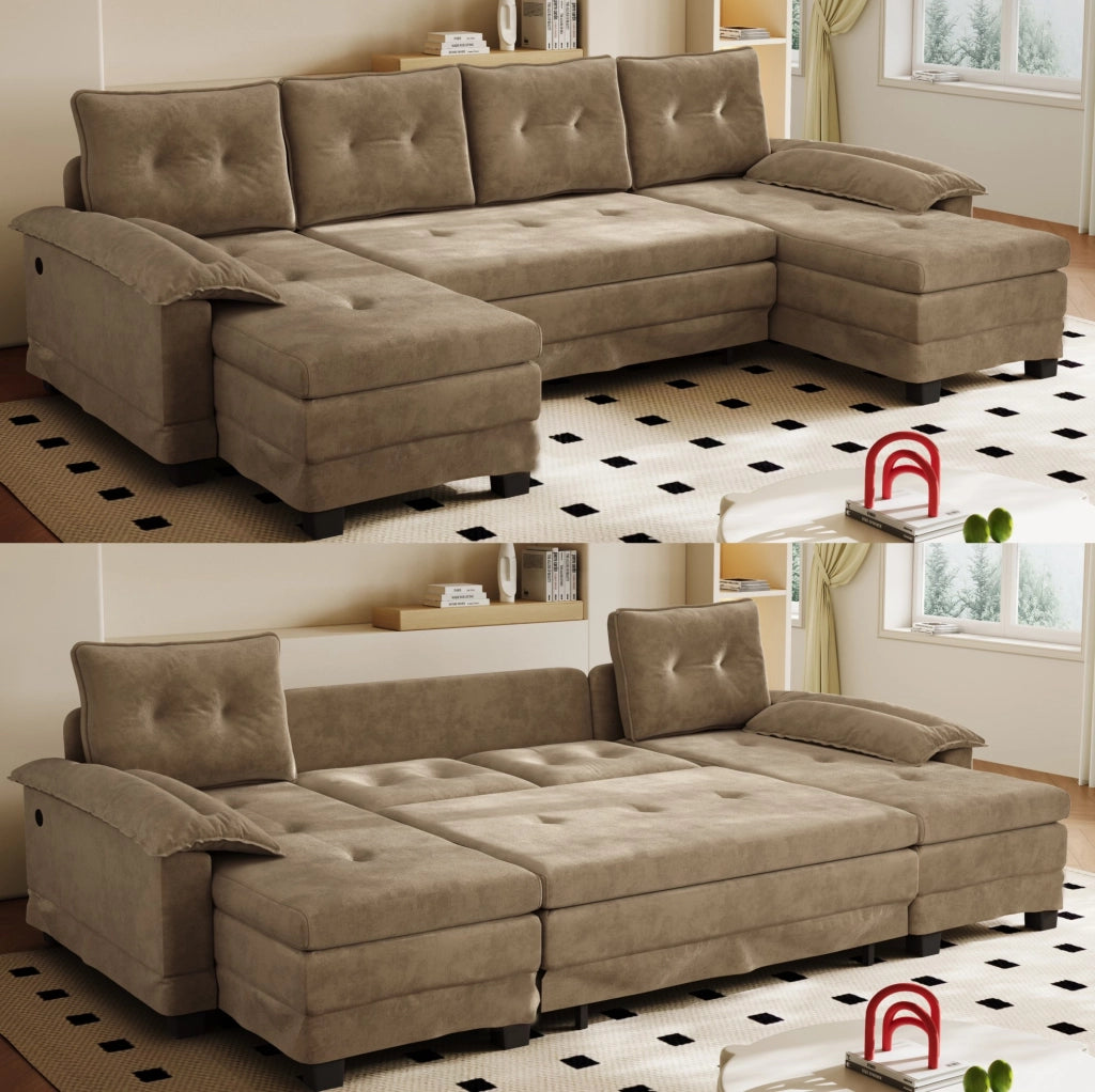 Divano letto modulare a U ULEVR 278x127 cm con letto estraibile, USB e cuscini bracciolo removibili, khaki